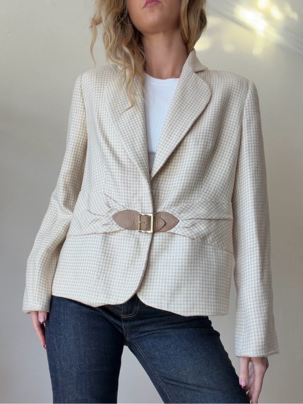 Escada Cream Houndstooth Belted Blazer